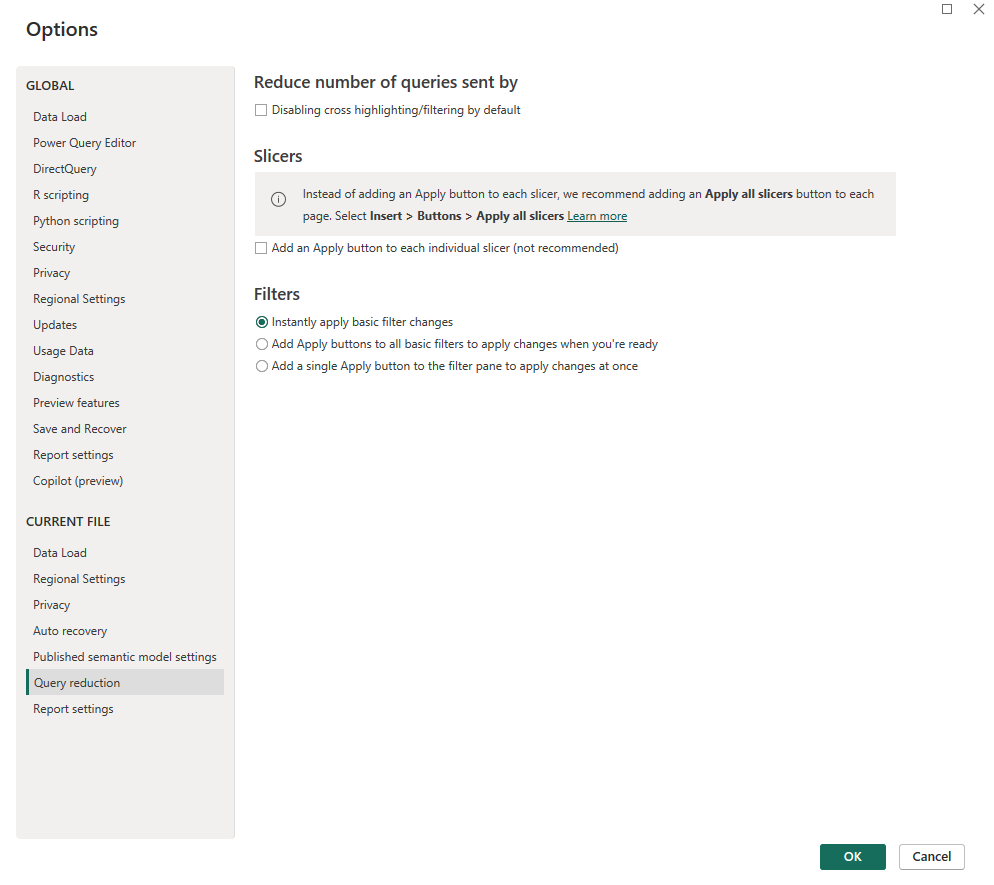 Current File Query Reduction Settings